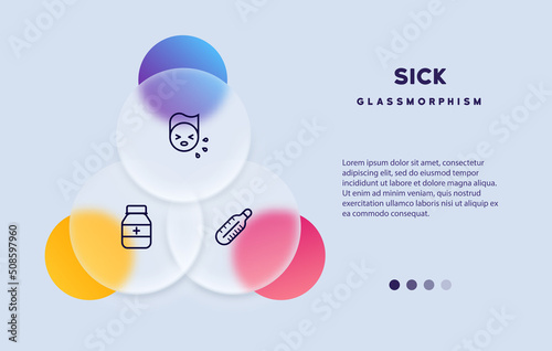 Sick icon set. Cough, pills and thermometer icon. Glassmorphism style. Vector line icon for Business and Advertising