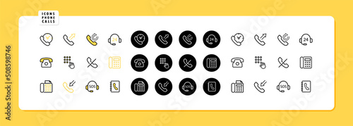 Icons phone calls icon set. Support customer service, incoming and utgoing call. Vector line icon for Business and Advertising
