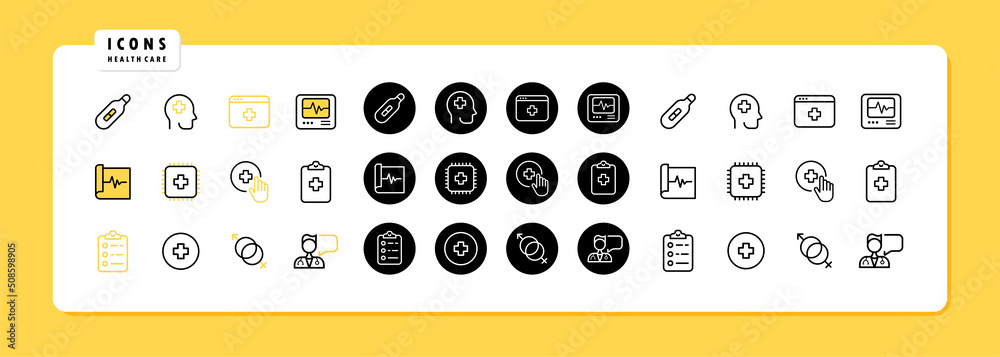 Medeicine icon set. Temperature, doctor, personal card and cardiology icons. Healthcare concept. Vector line icon for Business and Advertising Medeicine icon set. Temperature, doctor, personal card and cardiology icons. Healthcare concept. Vector line icon for Business and Advertising