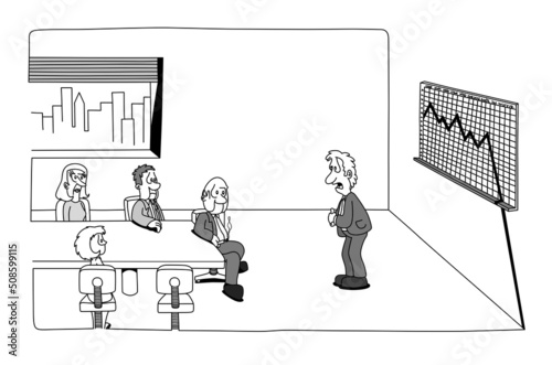 Sad company manager informing its partners of the company's bankruptcy in the meeting room. Black and white funny cartoon hand drawn style vector illustration.