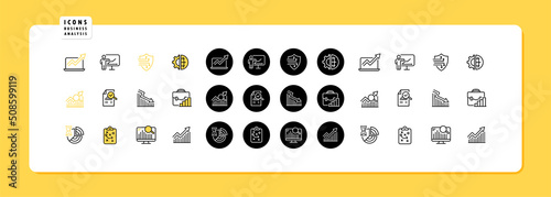 Data analysis icon set. Business finance investment concept. Financial report, calculate or research for market growth. Vector line icon for Business and Advertising