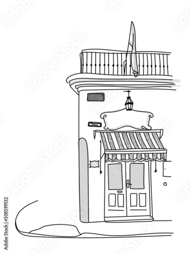 Famous Buenos Aires city street corner in the old town. Argentina, San Telmo neighborhood. Sketch black lines hand drawn style vector illustration.