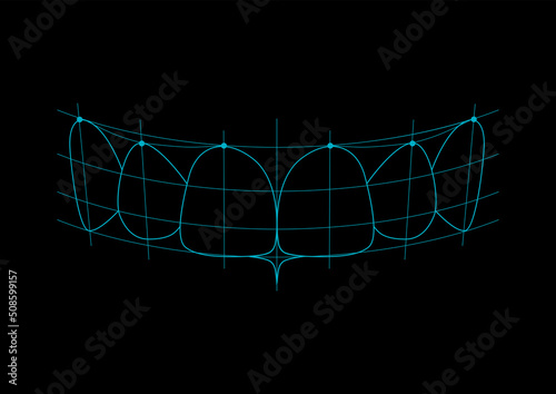 Perfect teeth technical alignment scheme showing the armony with transverse lines. Vector illustration on a black background. photo