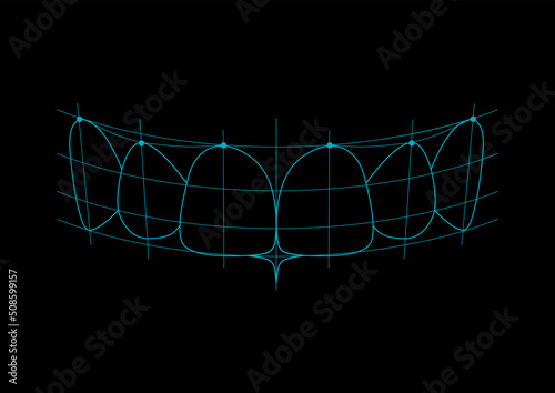 Perfect teeth technical alignment scheme showing the armony with transverse lines. Vector illustration on a black background.