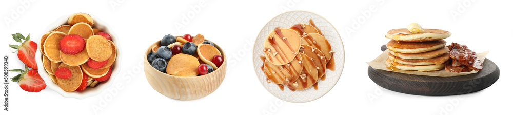 Set with tasty pancakes on white background. Banner design Set with tasty pancakes on white background. Banner design