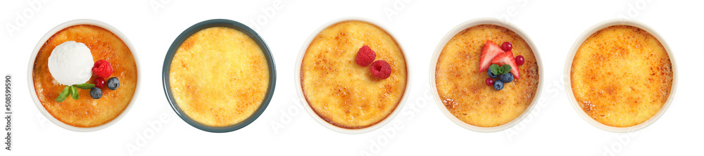 Set with delicious creme brulee on white background, top view. Banner design