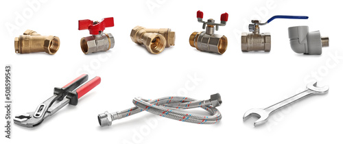 Fotografie Set with plumbing supplies and construction tools on white background