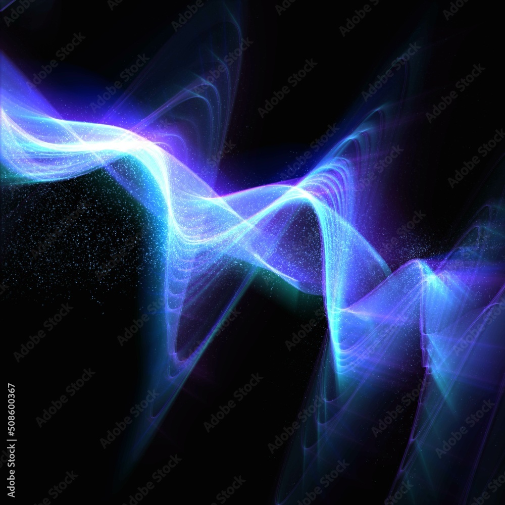 Abstract luminous background of transparent swirling floating waves with sequins, purple and blue