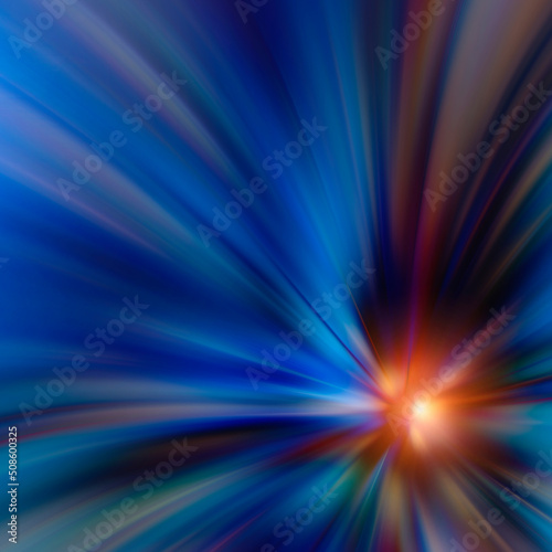 Abstract blurred blue rays background. Illuminated burst of multicolor light.