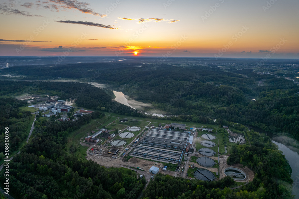 Aerial summer spring sunset view of Vilnius Sewage Treatment plant, Lithuania