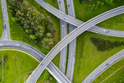 Fototapeta Naklejka Na Ścianę i Meble -  Aerial summer spring sunset view of highway road junction in Vilnius, Lithuania
