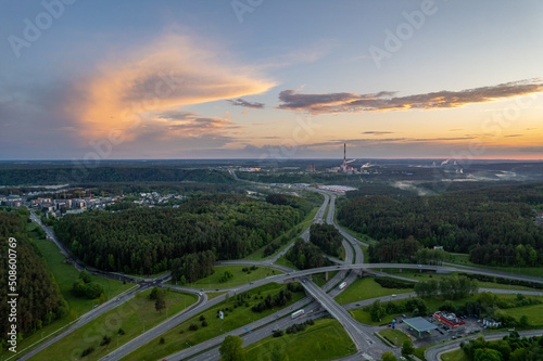 Aerial summer spring sunset view of highway road junction in Vilnius, Lithuania © Top Lithuania