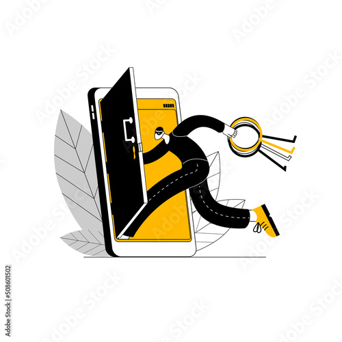 A hacker with lockpicks in his hands enters a hacked mobile phone. Vector illustration on the topic of cybercrime and cybersecurity.