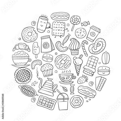 Coffee shop menu elements. Desserts and sweets. Hand drawn sketch for your de...