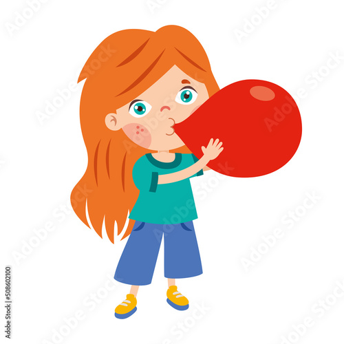 Cartoon Kid Blowing Colorful Balloon