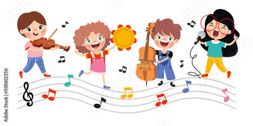 Funny Cartoon Kids Playing Music