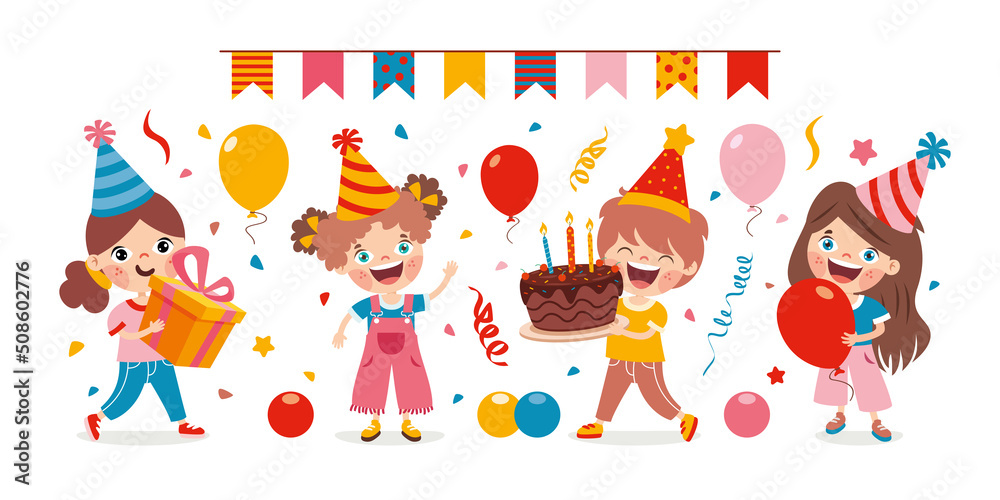 Cartoon Kids Celebrating Birthday Party Cartoon Kids Celebrating Birthday Party