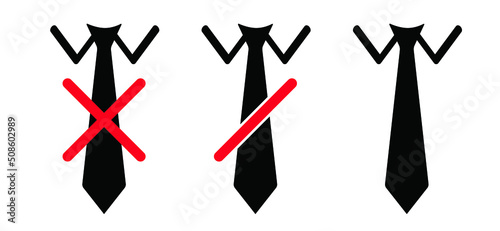 Stop no tie. Cartoon vector necktie prohibition. Red circle, No business style of dress ban. Dress code. Danger of strangulation, warning and risk of strangulation when wearing ties, pendants, scarves