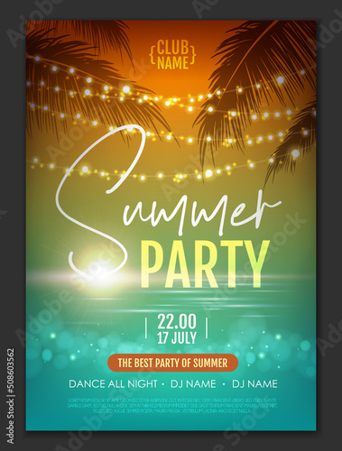 Summer disco party poster with tropic leaves and string of lights. Summer background. Vector illustration