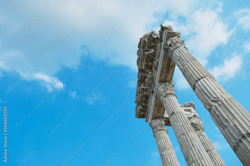 Selective Focus Pergamon Acropolis, Turkish Museums with Text Place. Down or Bottom View Selective Focus Pergamon Acropolis, Turkish Museums with Text Place. Down or Bottom View