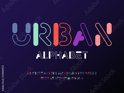 Colorful trendy style alphabet design with uppercase, numbers and symbols