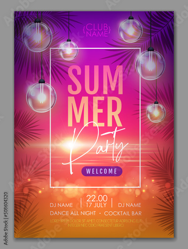 Summer disco party poster with tropic leaves and string of lights. Summer background. Vector illustration