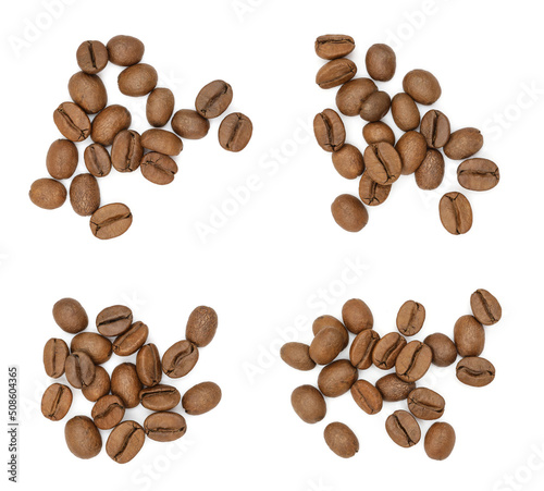 set top view pile of coffee beans. on white background	
