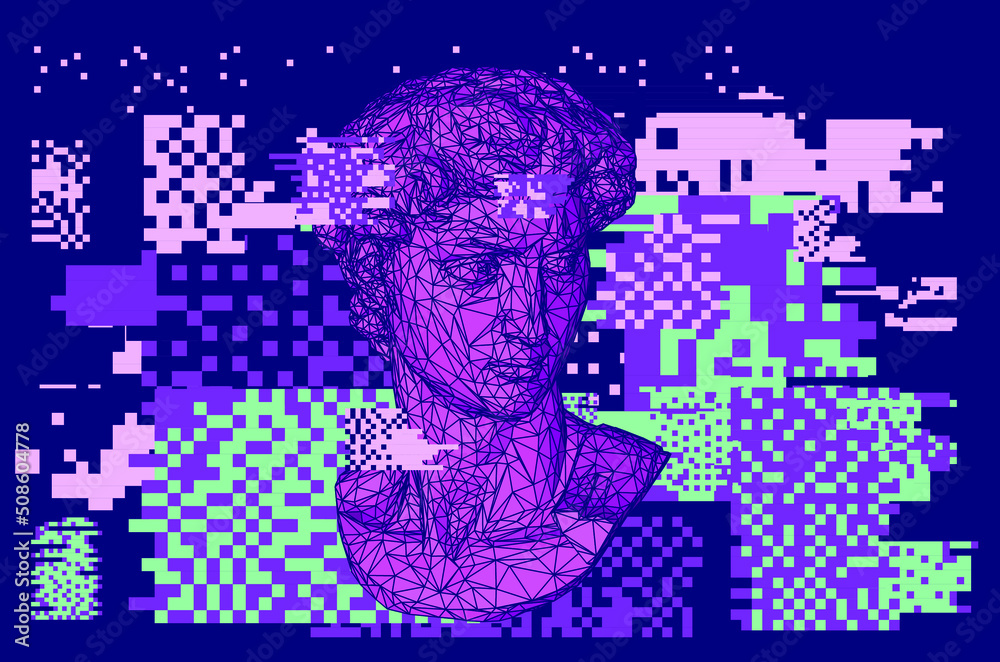 3D low-poly model of sculpture head on glitched and pixelated ...