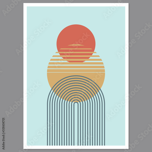 Abstract geometric art with arch and circles. Modern boho background. Line arc shapes, sun design. Contemporary print, poster for wall decor. Vector illustration.