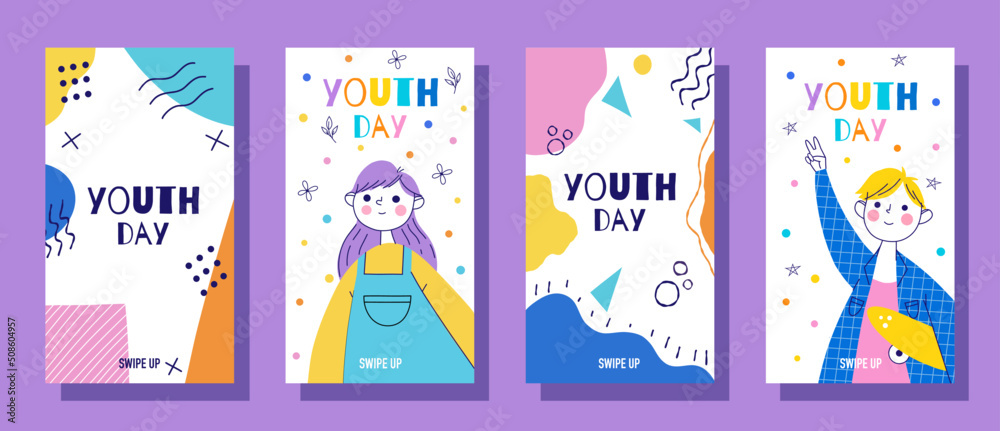 Happy youth day. Set of vector templates for stories. Hand-drawn vector. 