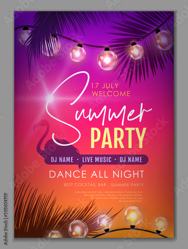 Summer disco party poster with tropic leaves and string of lights. Summer background. Vector illustration