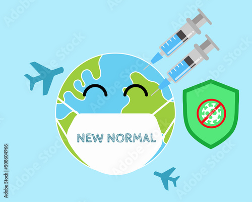 Two  syringes of covid-19 vaccine with earth and two planes. Cartoon vector style for your style.
