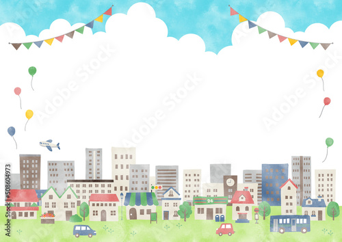 水彩 夏の賑やかな住宅街フレーム