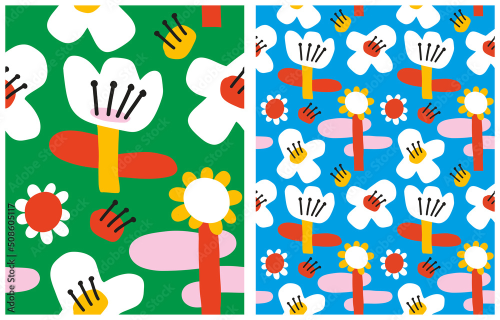Fototapeta premium Simple Hand Drawn Irregular Floral Seamless Vector Patterns. Cute White Flowers on a Blue and Green Background. Infantile Style Abstract Garden Vector Print Ideal for Fabric. Cool Daisy Pattern.
