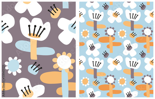 Simple Hand Drawn Irregular Floral Seamless Vector Patterns. Cute White Flowers on a Blue and Pale Brown Background. Infantile Style Abstract Garden Vector Print Ideal for Fabric. Cool Daisy Pattern.