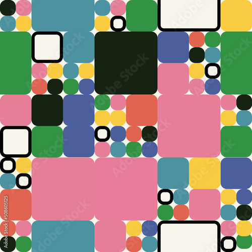 Abstract seamless pattern with colorful squares. Round corner geometric shapes.