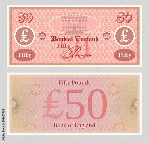 Vector obverse and reverse of fictitious paper money of England. 50 pounds note. Frame with guilloche patterns