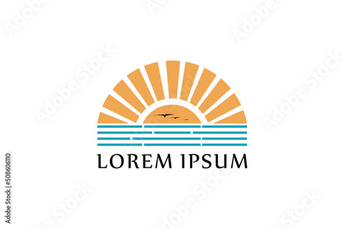 summer beach coast island, sea ocean with birds and summer sun rays logo design inspiration
