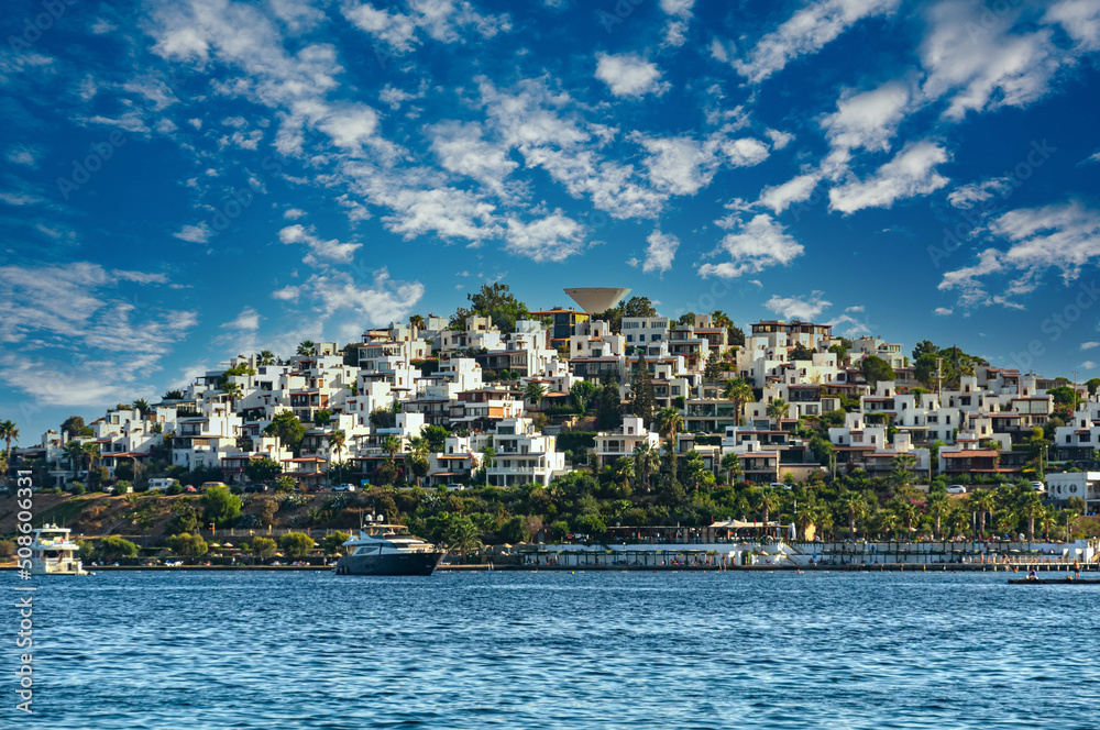 Classic Bodrum village with white houses on the hill