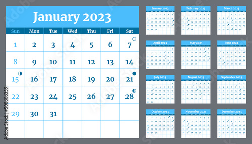 Blue and white calendar 2023 template with moon phases. Week starts on sunday. Wall calender in a minimalist style. Monthly cycle planner. Horizontal grid. Agenda organizer. Vector illustration