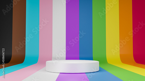 3D rendering white stage on Pride flag color background. Product display