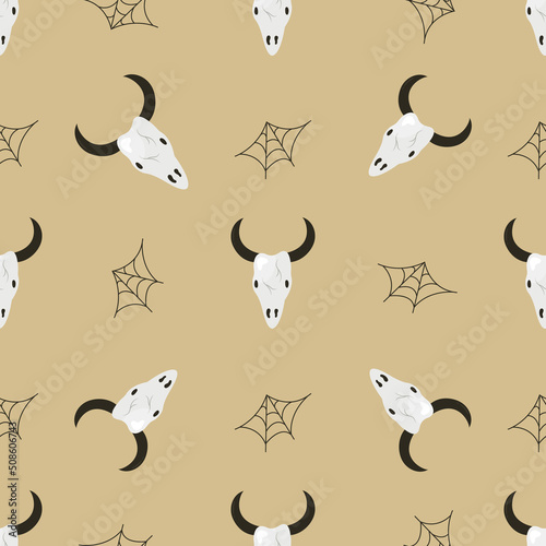 Seamless pattern with spider web and animal skull, Halloween design.