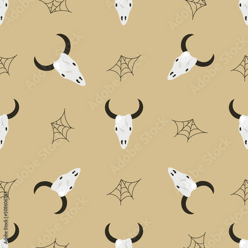 Seamless pattern with spider web and animal skull  Halloween design.