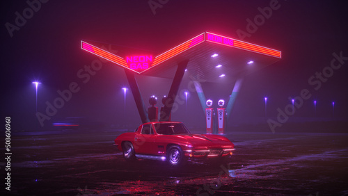 Neon gas station and retro car. Vintage cyberpunk auto. Fog rain and night. Color vibrant reflections on asphalt. Chevrolet Corvette Sting Ray. 3D illustration. photo