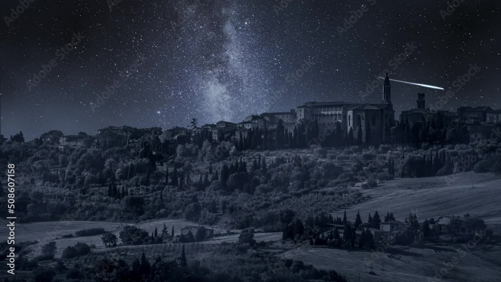 Milky way over Pienza with falling stars, Tucany. Timelapse. Milky way over Pienza with falling stars, Tucany. Timelapse.