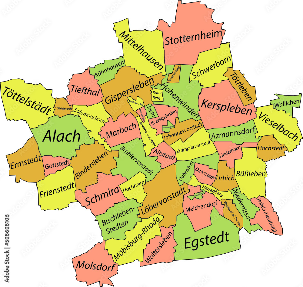 Fototapeta premium Pastel flat vector administrative map of ERFURT, GERMANY with name tags and black border lines of its districts
