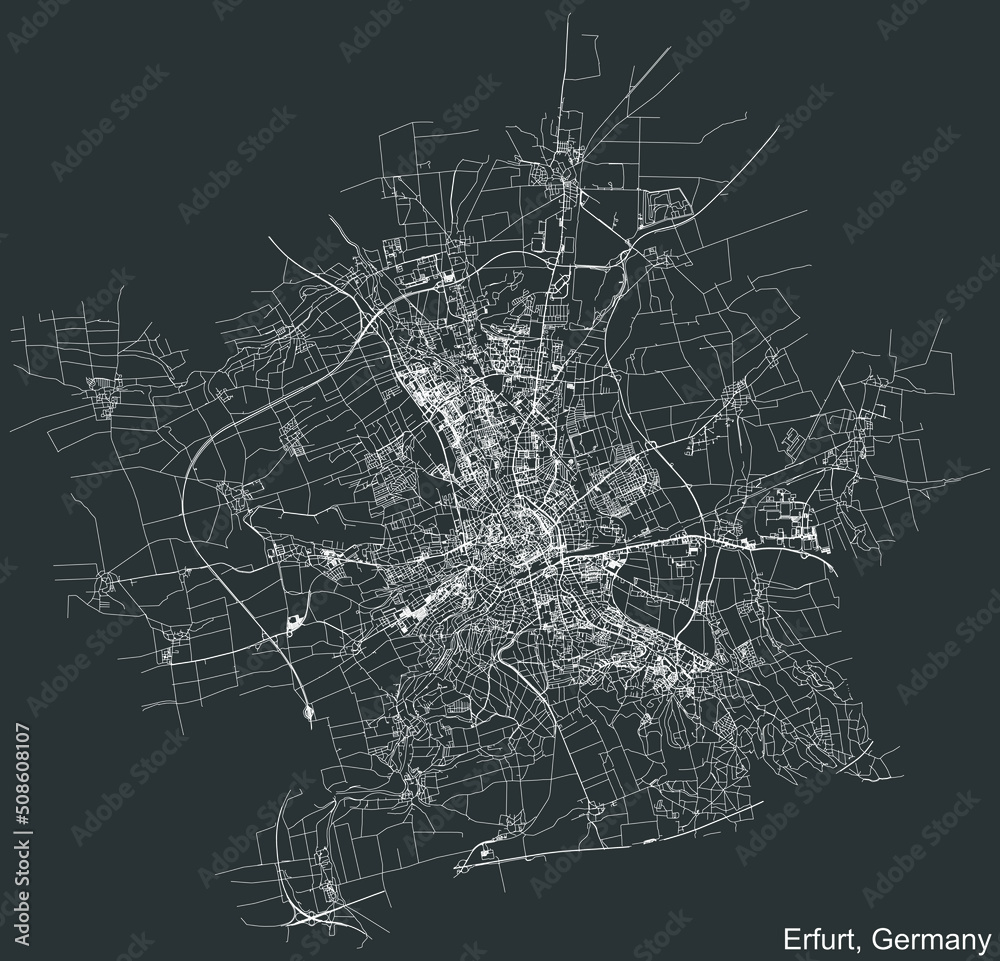 Detailed negative navigation white lines urban street roads map of the German regional capital city of ERFURT, GERMANY on dark gray background