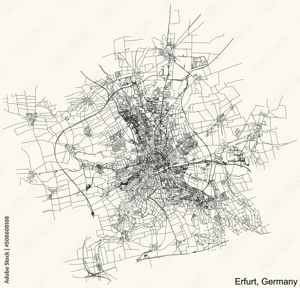 Fototapeta premium Detailed navigation black lines urban street roads map of the German regional capital city of ERFURT, GERMANY on vintage beige background