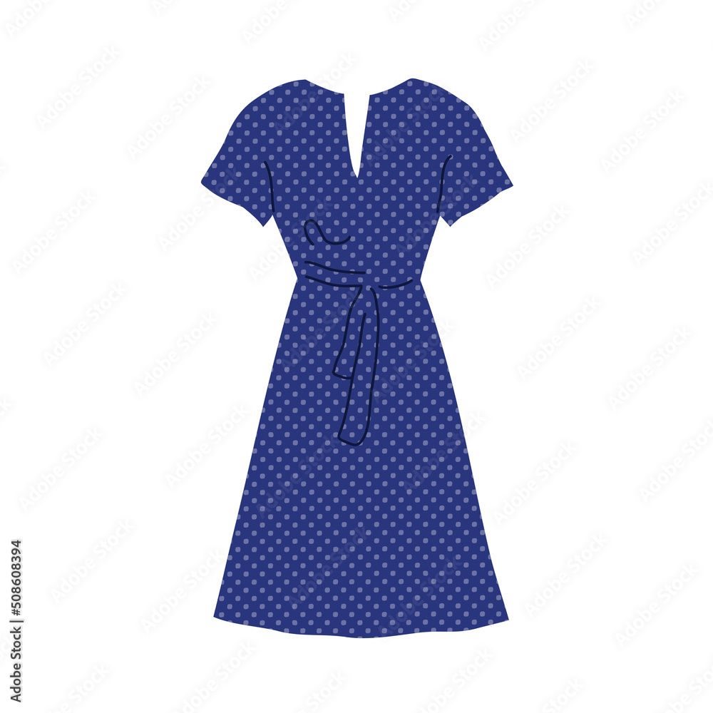 Blue women dress. Fashion and female wardrobe. Summer season. Beautiful casual wear. Shopping and sales. Design template. Vector flat illustration isolated on white background Blue women dress. Fashion and female wardrobe. Summer season. Beautiful casual wear. Shopping and sales. Design template. Vector flat illustration isolated on white background