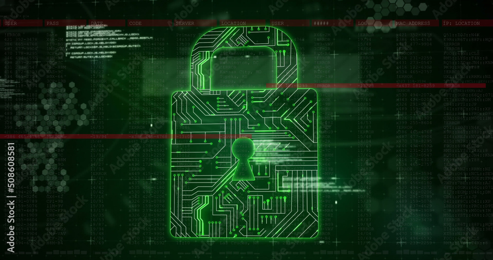 Image of files, data processing, online security padlock and circuit board Image of files, data processing, online security padlock and circuit board